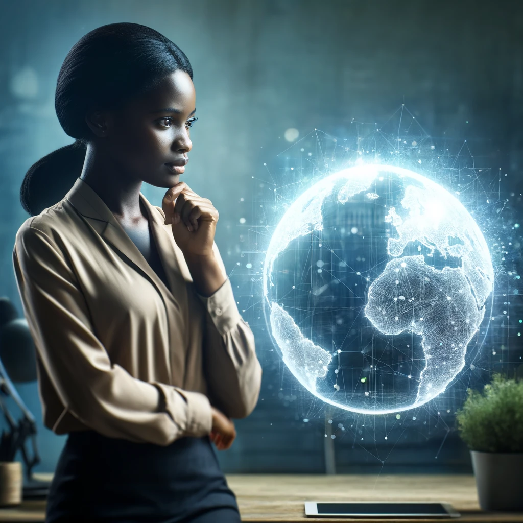 A black female social worker engaging with the globe that represents the world of data analysis.