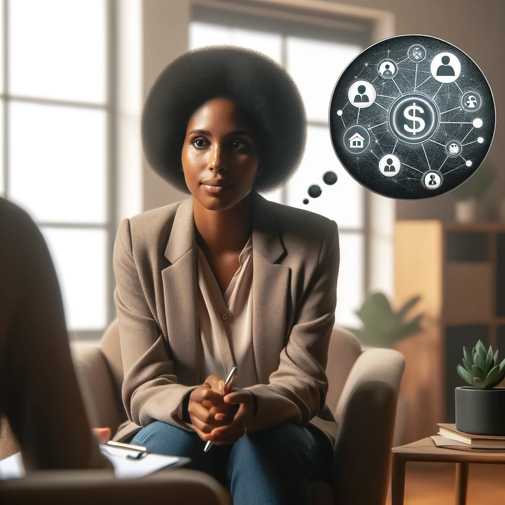 A black female social worker working with a therapy client, featuring a thought bubble that shows she is considering the client's financial, family, and personal life circumstances as connected elements. This visualization highlights her holistic approach to social work.