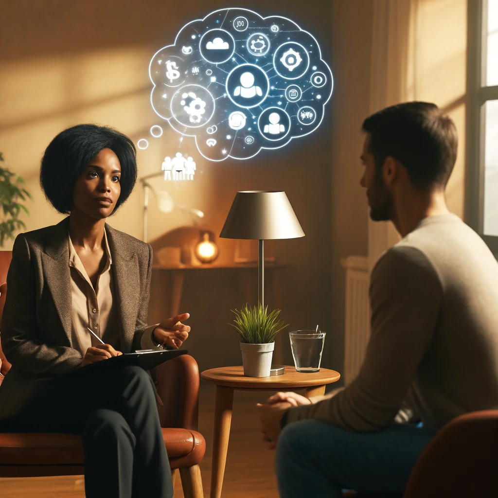 A black female social worker engaging in a therapy session with a client, complete with a thought bubble depicting her holistic considerations of the client's life circumstances. The client is also visible in the scene, enhancing the depiction of their interaction.