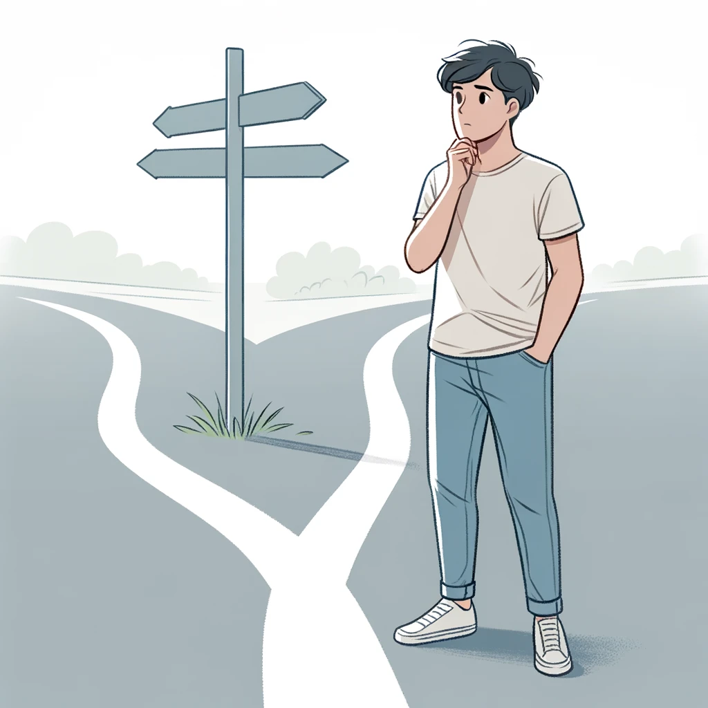 A casually dressed person at a crossroads, reflecting on a decision.