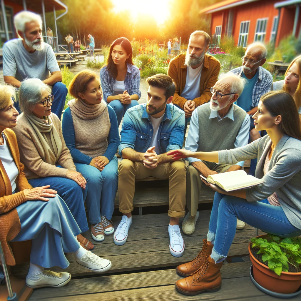 A community social worker engaging with a diverse group of older people in an outdoor setting. This interaction emphasizes trust-building and the promotion of collective security and support within the community.