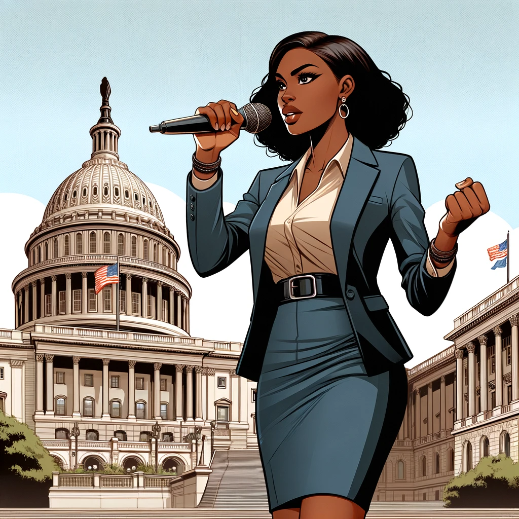 A black female social worker advocating for policy changes at a government building, embodying strength, determination, and the spirit of advocacy.