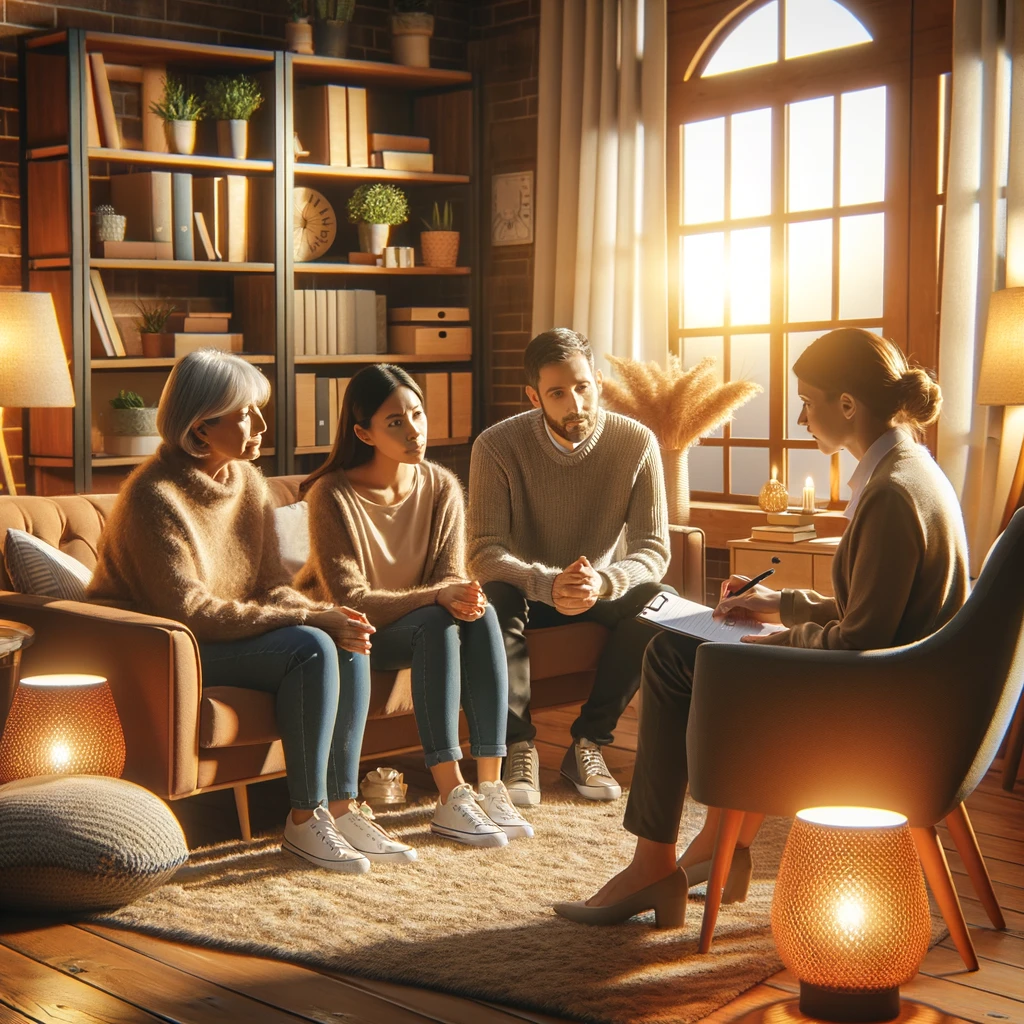 A family counseling session in a warm and inviting environment, capturing the essence of a therapeutic and supportive space for the family to engage and connect