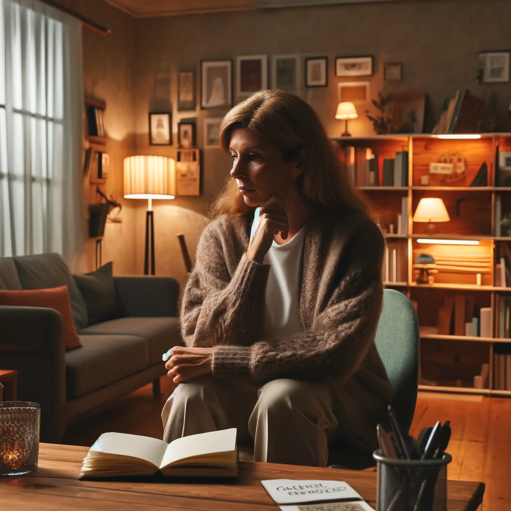 a social worker sitting at a desk in a cozy environment, reflecting on their personal biases. The setting conveys a thoughtful and introspective mood.