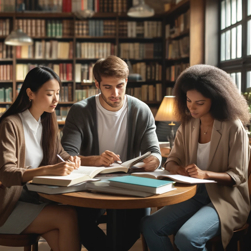 A diverse group of three social workers, including an Asian female, a Caucasian male, and an African female, engaged in a peer review session in a cozy library setting.
