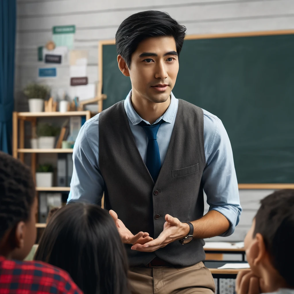 A diverse male social worker demonstrating emotional intelligence while speaking to a small group in a school setting. The setting captures the social worker interacting with students in a classroom environment, fostering a nurturing and educational atmosphere.