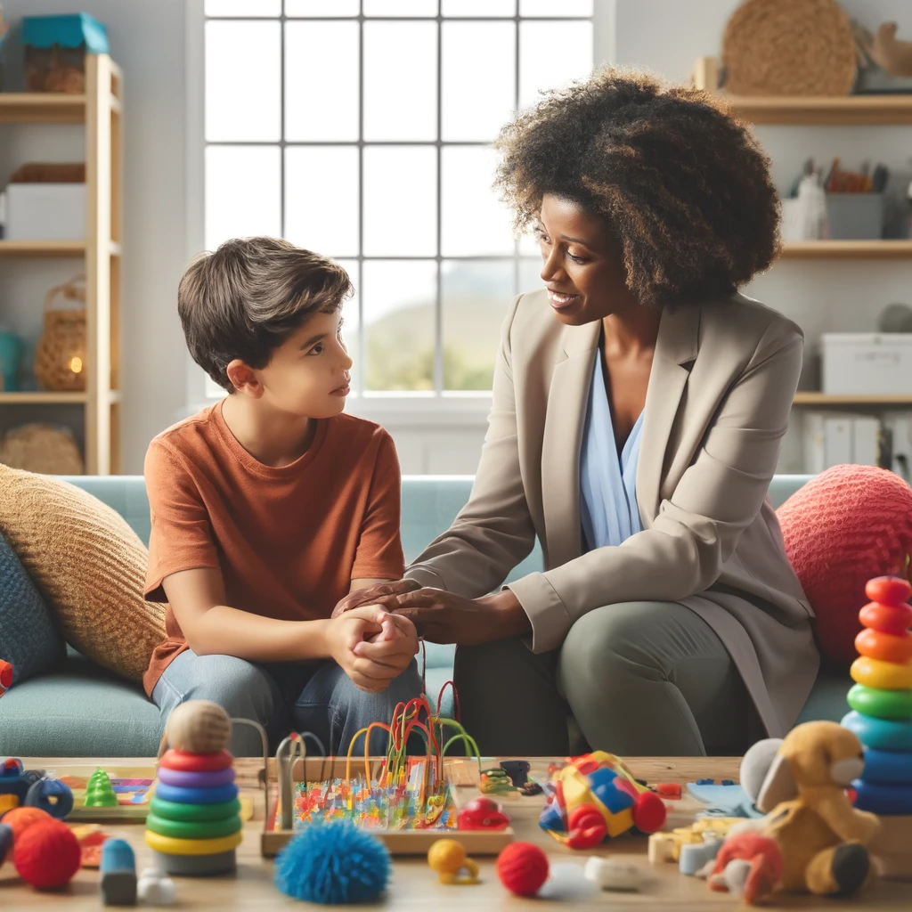 A black female social worker assisting a child with ADHD in a relaxed and colorful therapy environment. You can view the image above.