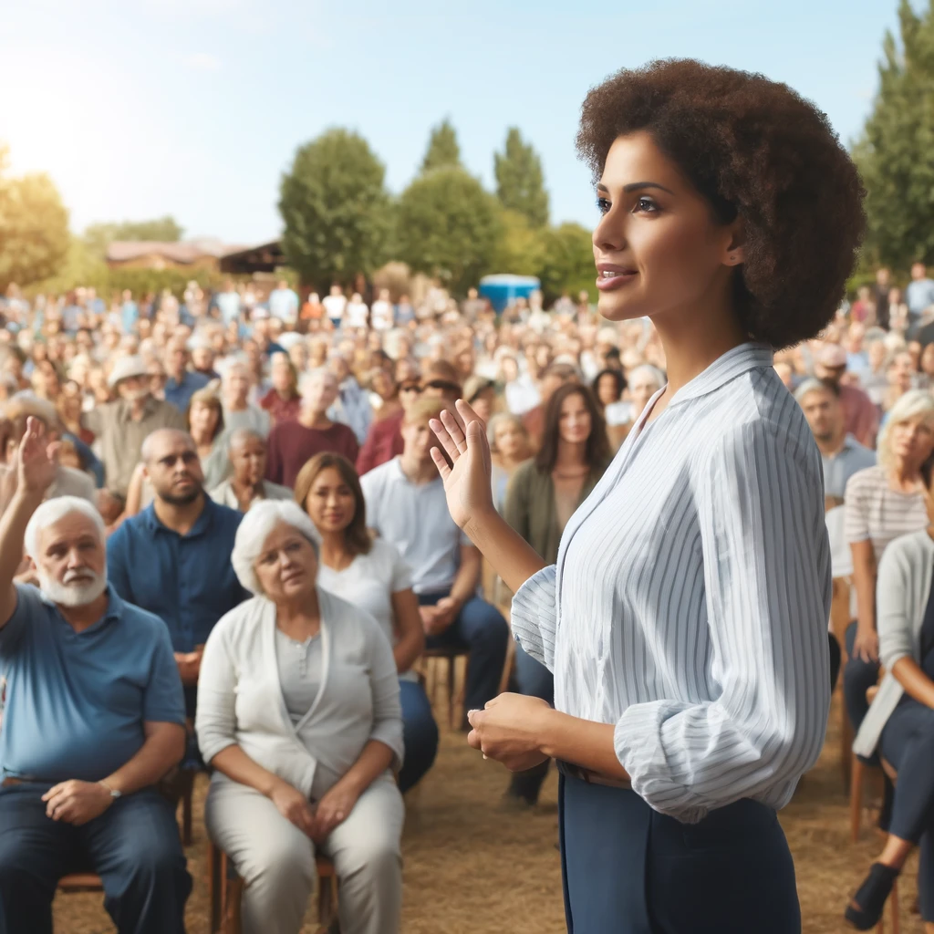 A diverse social worker speaking passionately to a crowd of diverse people. The scene captures the social worker in professional attire, engaging with an attentive, multicultural audience in an outdoor community setting.