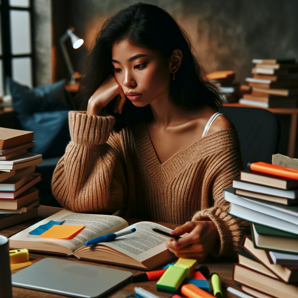 A woman studying hard, surrounded by books and notes, with a look of determination and a hint of frustration.