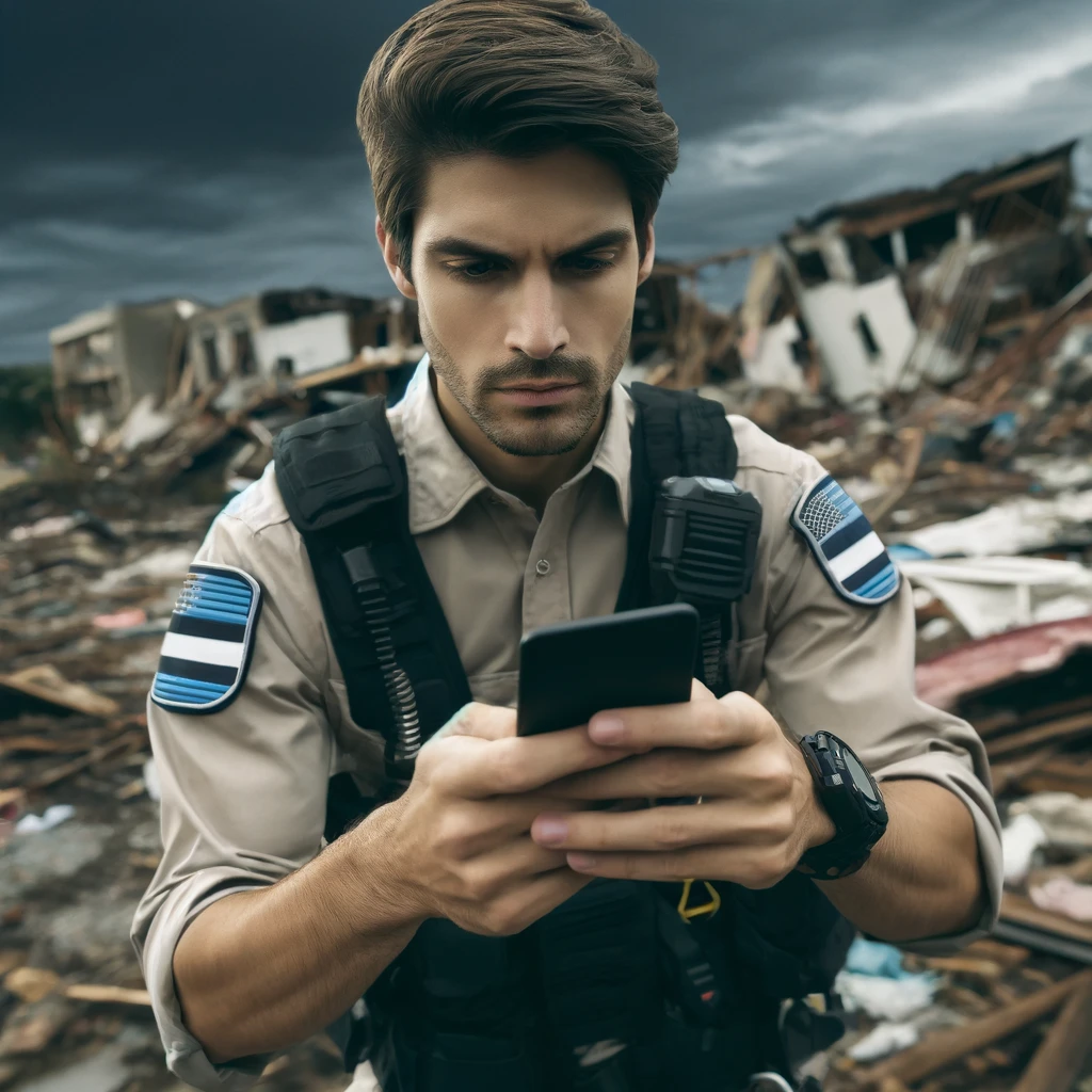 A first responder using a mobile app in a post-natural disaster environment, coordinating aid and relief efforts.