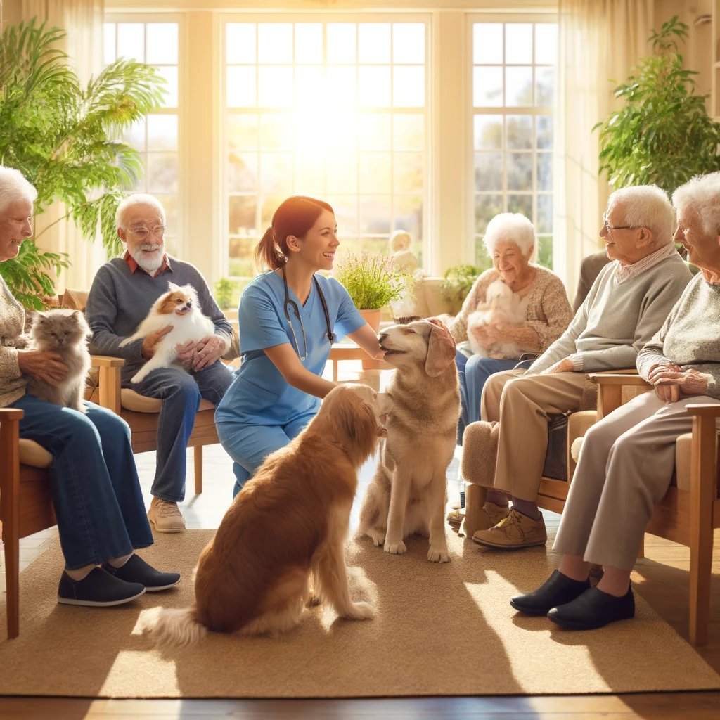 A social worker practicing Animal-Assisted Interventions in a senior home environment, capturing the joyful and therapeutic essence of the interaction.