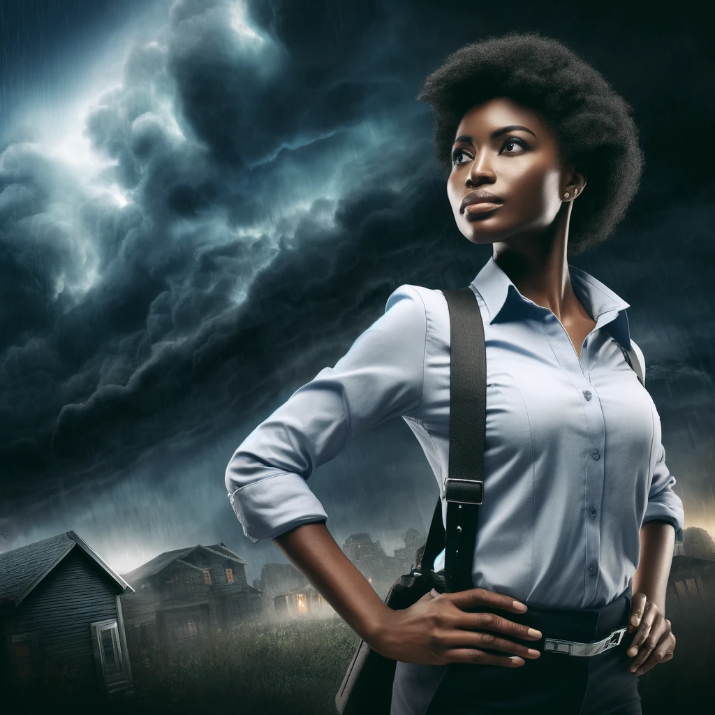 A heroic black female social worker standing in front of an impending storm, looking ready to take action.