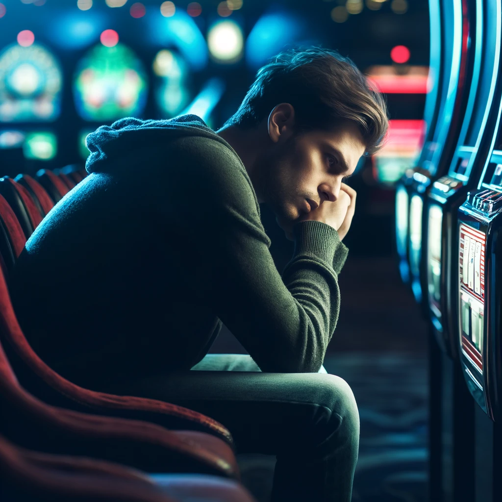 A man sitting alone in front of a slot machine in a dimly lit casino, with a look of distress and deep concentration on their face.