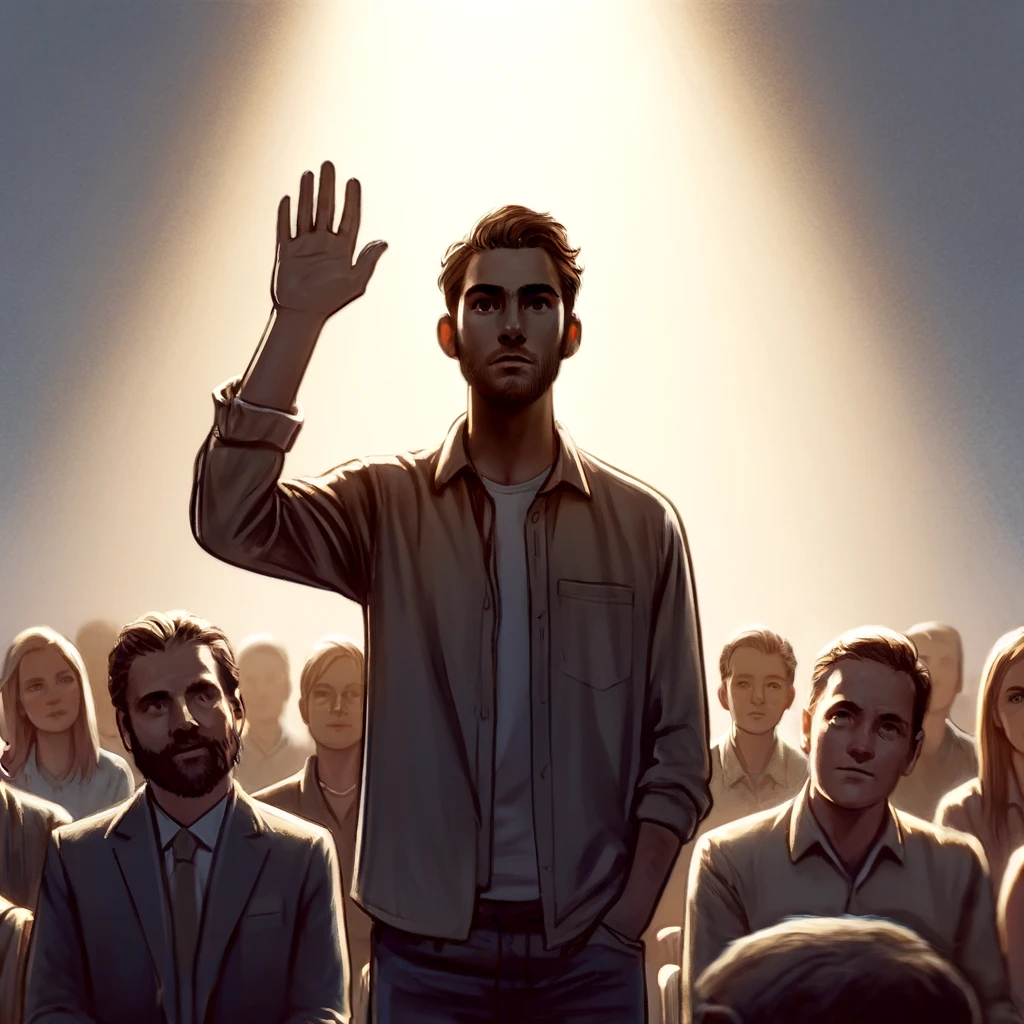 A person standing up and taking accountability for their actions in a supportive group setting, highlighting their courage and honesty.