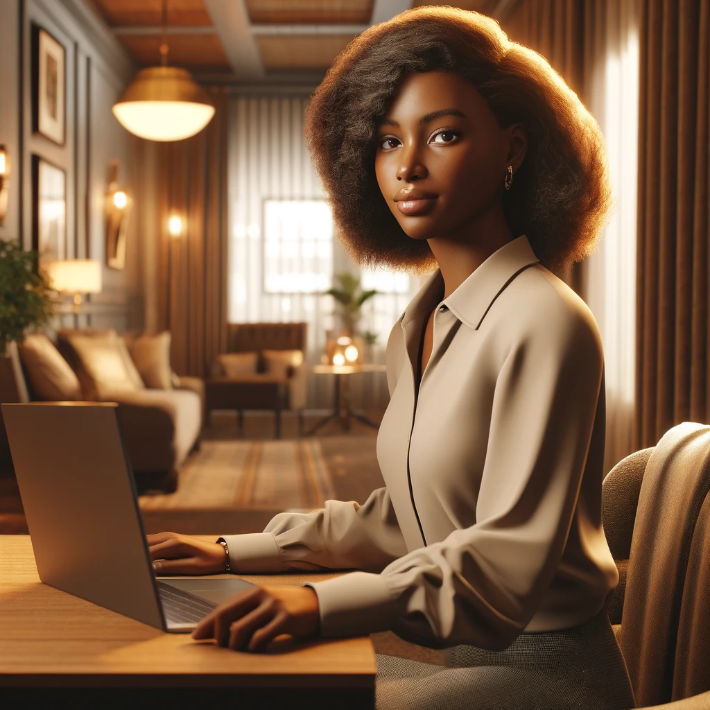 A photorealistic illustration of a confident black female student studying in a cozy environment. She is portrayed in a snug and inviting study setting, focusing intently on her laptop.