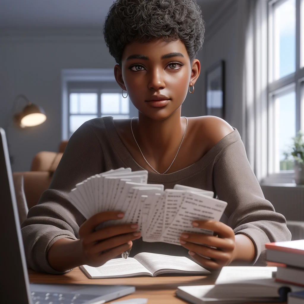 A black female student practicing repetition studying with notecards. She is focused and seated at a desk surrounded by study materials.