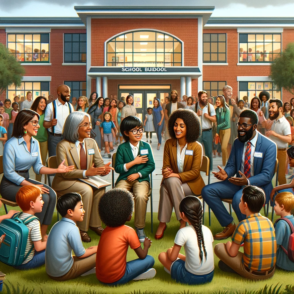 A culturally responsive school scene, featuring a more realistic depiction with diverse children, several Black teachers, and a social worker, all in front of the school building. The atmosphere conveys inclusivity and vibrant educational engagement.