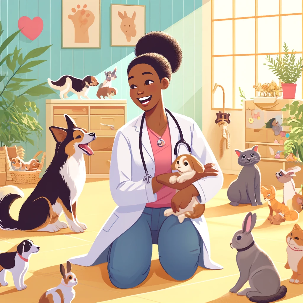 A very happy black female veterinary social worker working with a group of animals in a positive, bright environment, showcasing the joy and harmony of their interactions.