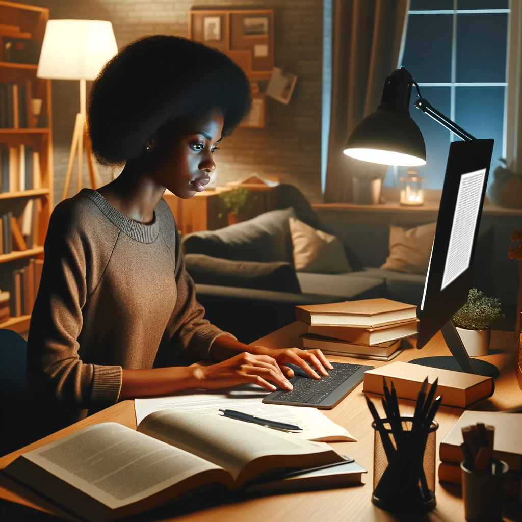 A Black social worker studying for an exam in a cozy, warmly lit home environment.
