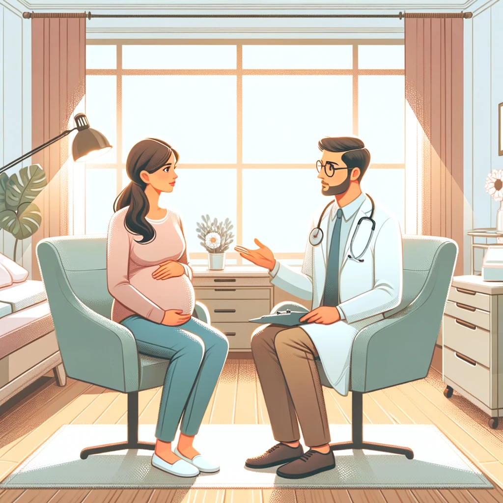 A moment of guidance and reassurance between a doctor and a pregnant woman in a comfortable clinic setting, designed to foster a sense of trust and care during the pregnancy journey