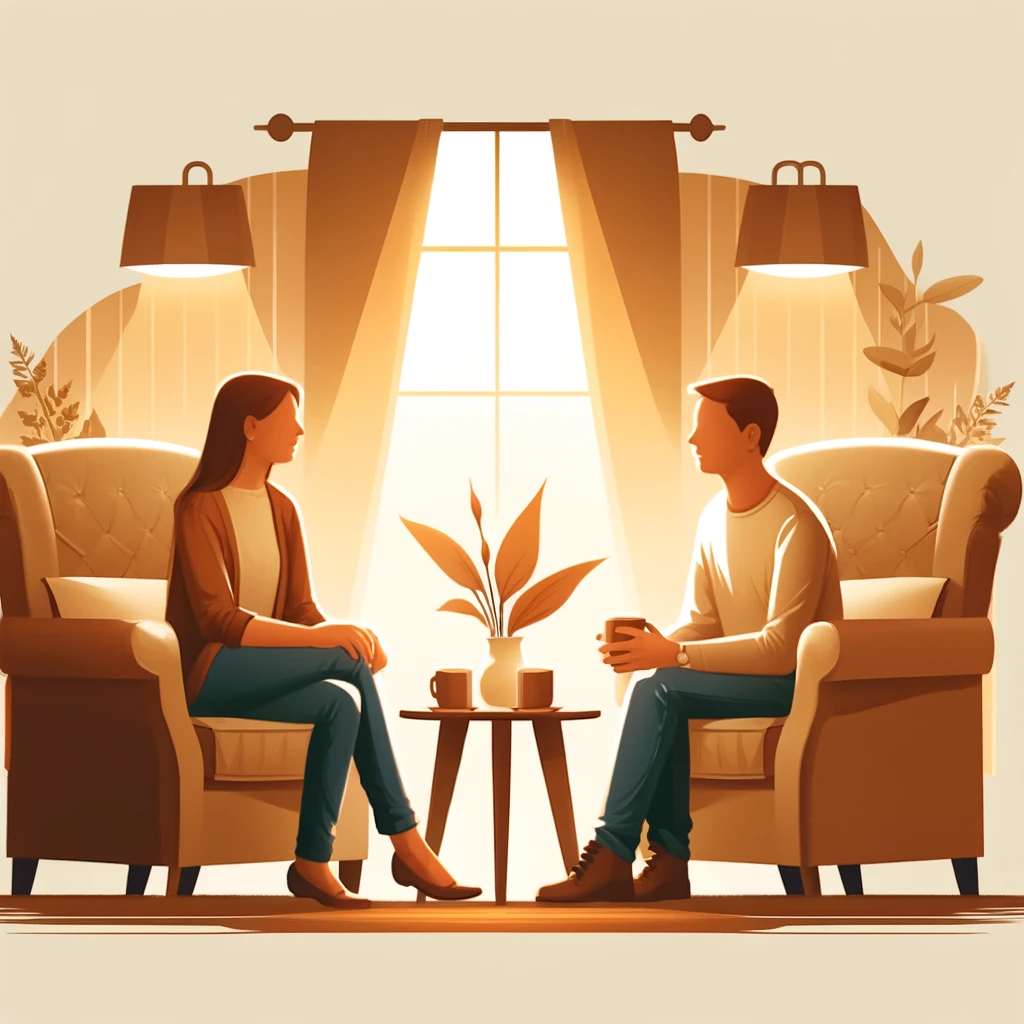  two social workers in a casual and cozy conversation, set in a warm and welcoming environment, symbolizing a supportive and empathetic exchange.