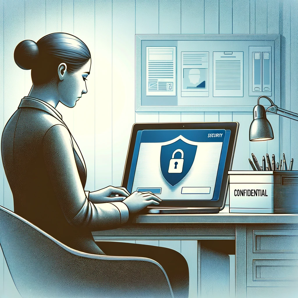 A female social worker at her desk, focusing on her laptop within a safe and welcoming environment, highlighting her dedication to client confidentiality and data safety