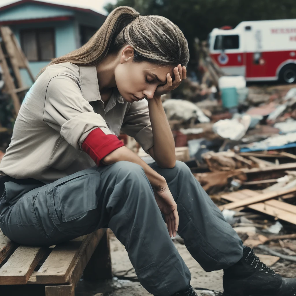 A social worker experiencing burnout while trying to respond to a natural disaster and help the community.