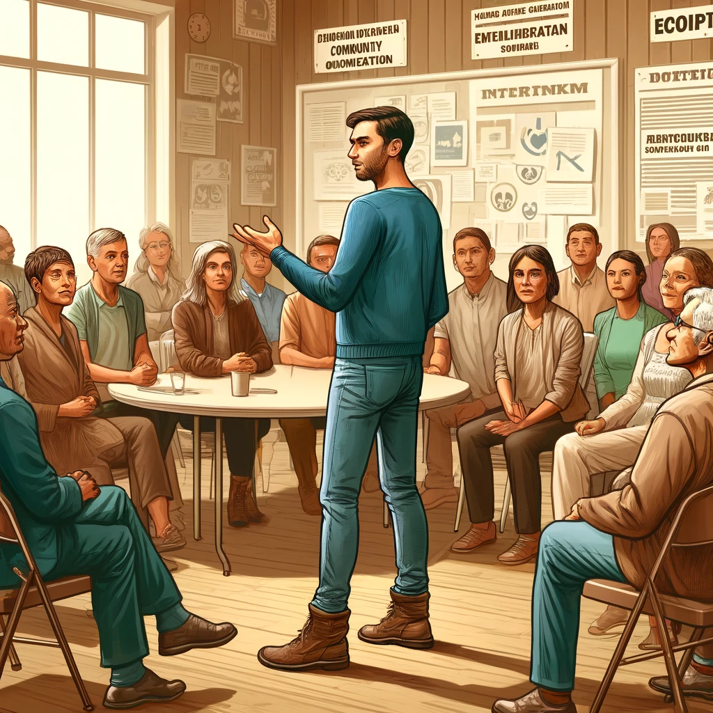 A social worker working with a community organization, inspiring them to take action, set in a community hall that conveys a sense of unity and purpose.