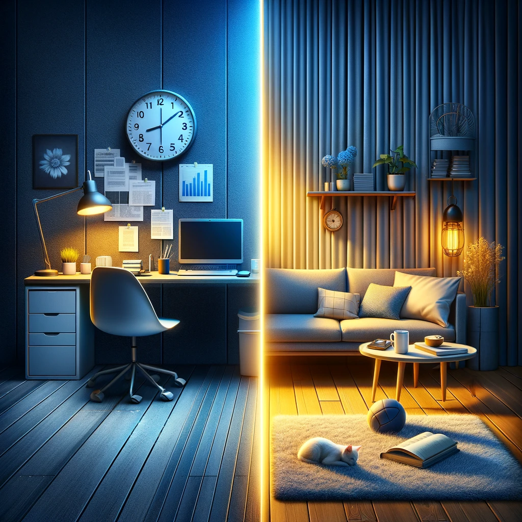 The image illustrates the clear distinction between professional and personal spaces with a line down the middle, professional on the left, personal on the right.