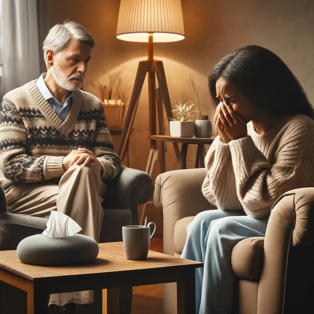 A highly emotional therapy session taking place in a therapy room. The scene captures a moment of intense emotional distress experienced by the client, enhancing the depth of the therapeutic interaction.
