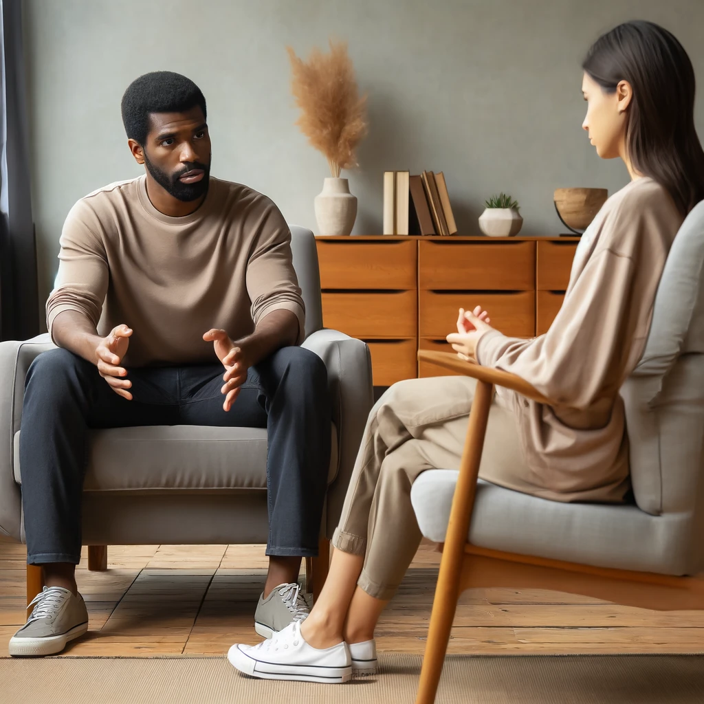 A therapist using de-escalation techniques with an agitated client in a soothing therapy session environment.