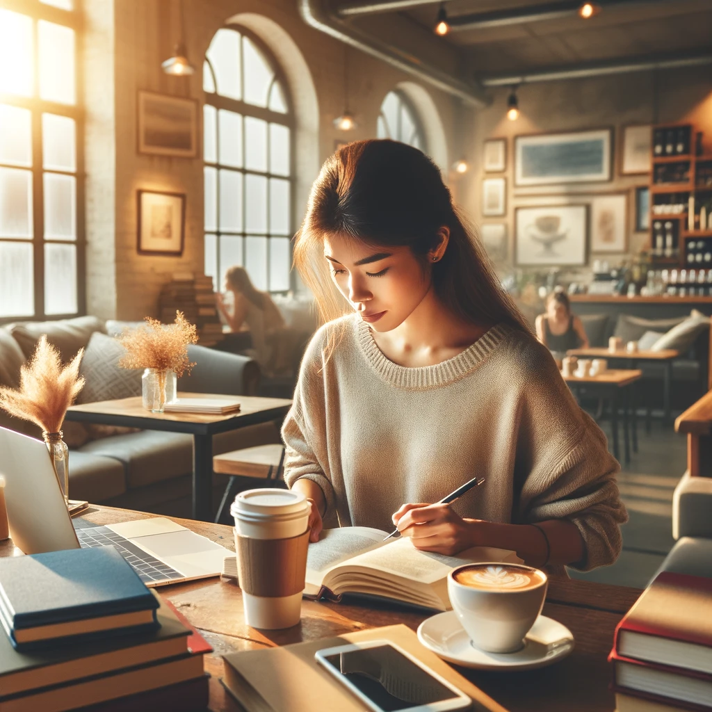 A woman studying in a bright coffee shop, surrounded by books and a laptop, with a serene and productive atmosphere.