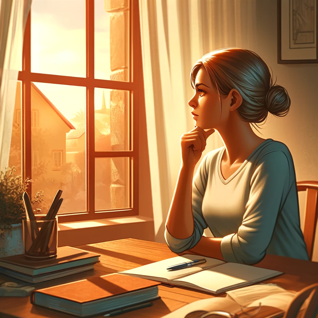 A woman thinking critically by a desk near a window, set in a warm and inviting environment.