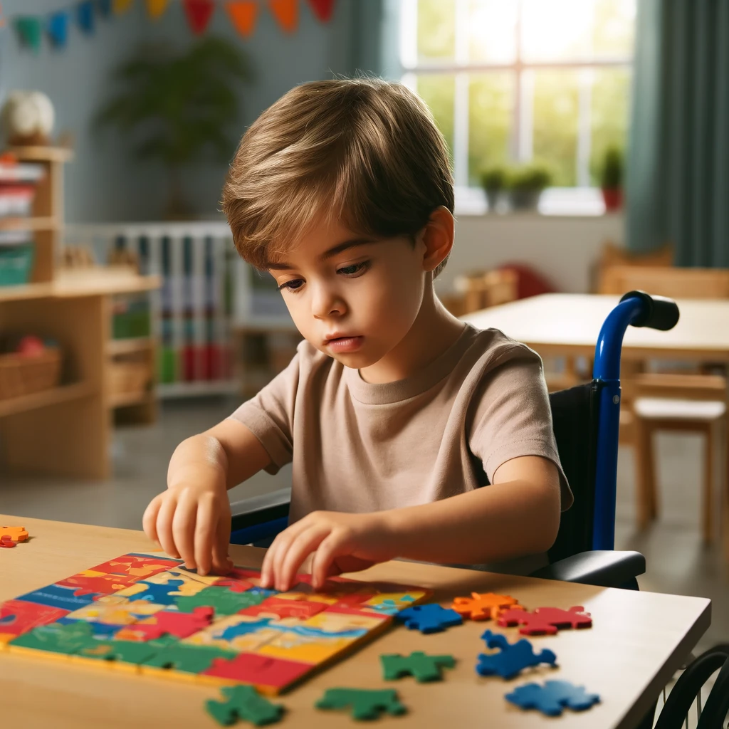 A young child with intellectual disabilities engaging autonomously in an educational activity in a classroom setting.