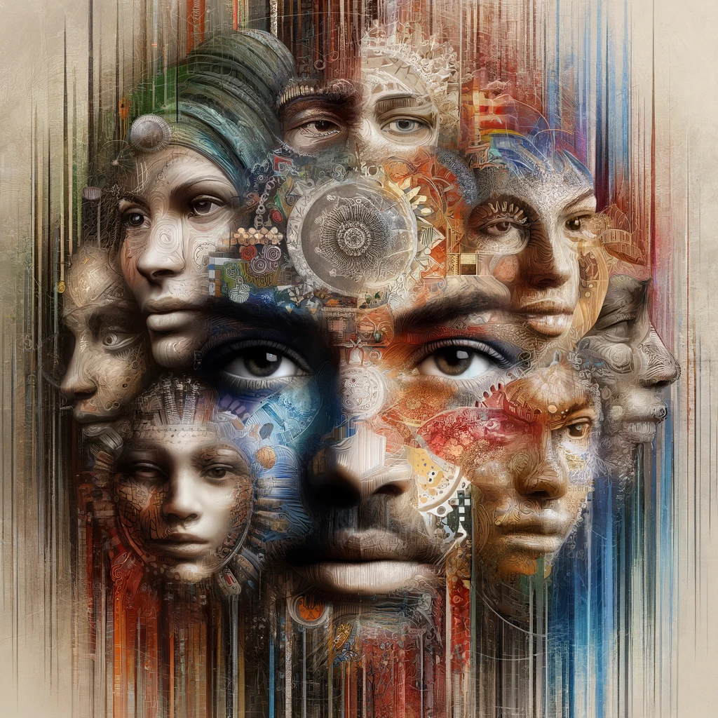 Depicting the complexity of cultural identity, artistically represented as a collage of diverse faces from various ethnic backgrounds. This visual symbolizes the rich, interconnected tapestry of cultural influences that shape an individual’s identity.