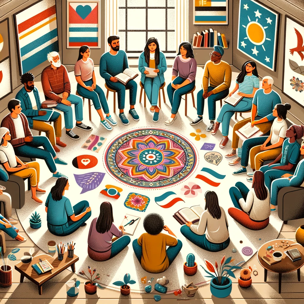 An illustration showcasing a group of social workers and clients from diverse cultural backgrounds, emphasizing the inclusive and empathetic spirit of social work through mutual exchange and Cultural Humility.