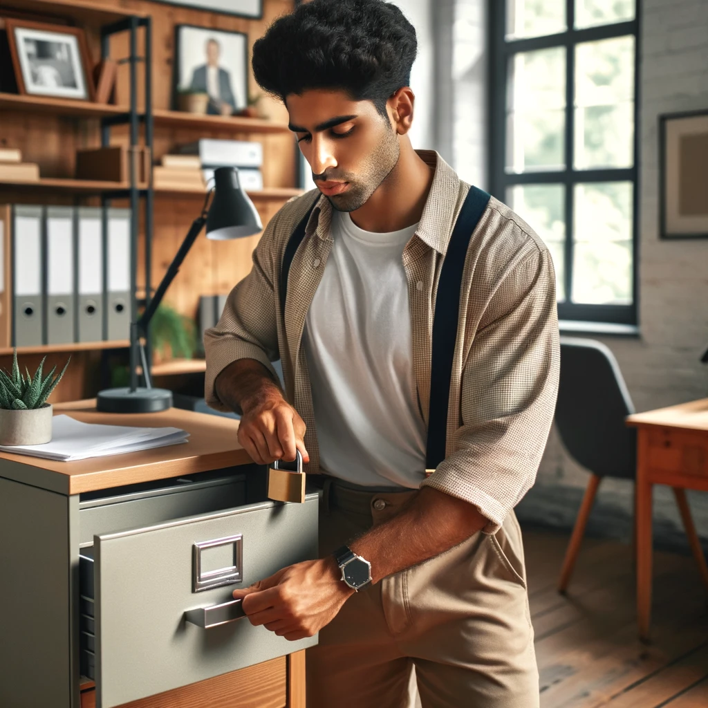 A diverse social worker in a casual outfit, locking a file drawer in a modern and relaxed office setting. This scene highlights the importance of client data protection in social work.