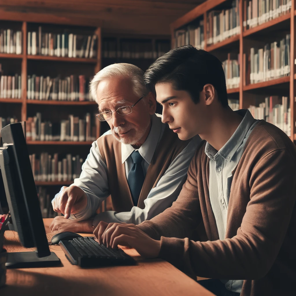 A social worker working in a library session one-on-one with a client, helping them access services on a computer.
