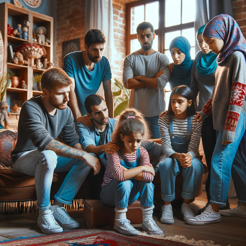 A diverse family in a moment of emotional challenge, highlighting their unity and support for one another amidst the struggle.