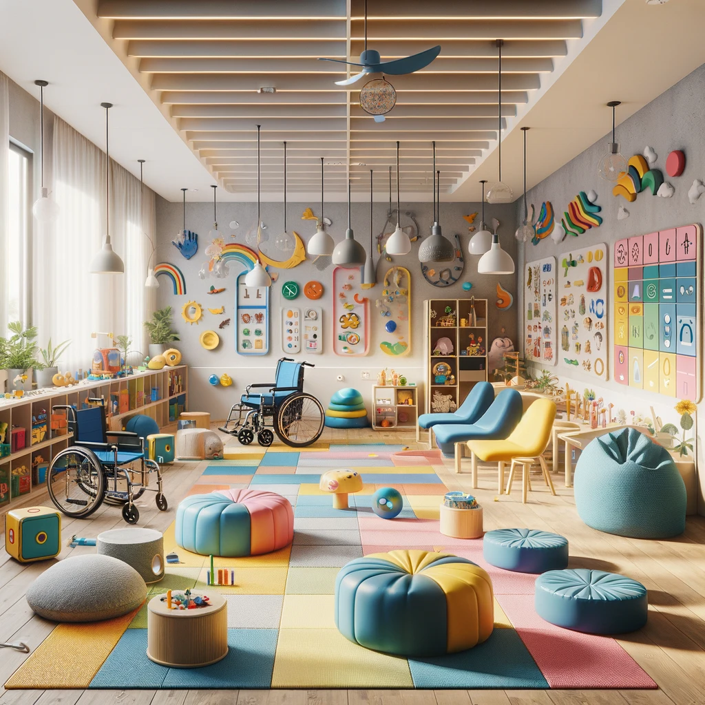 An inclusive therapy environment designed for children, featuring physical accessibility, various communication tools, and flexible seating. You can view the image above.
