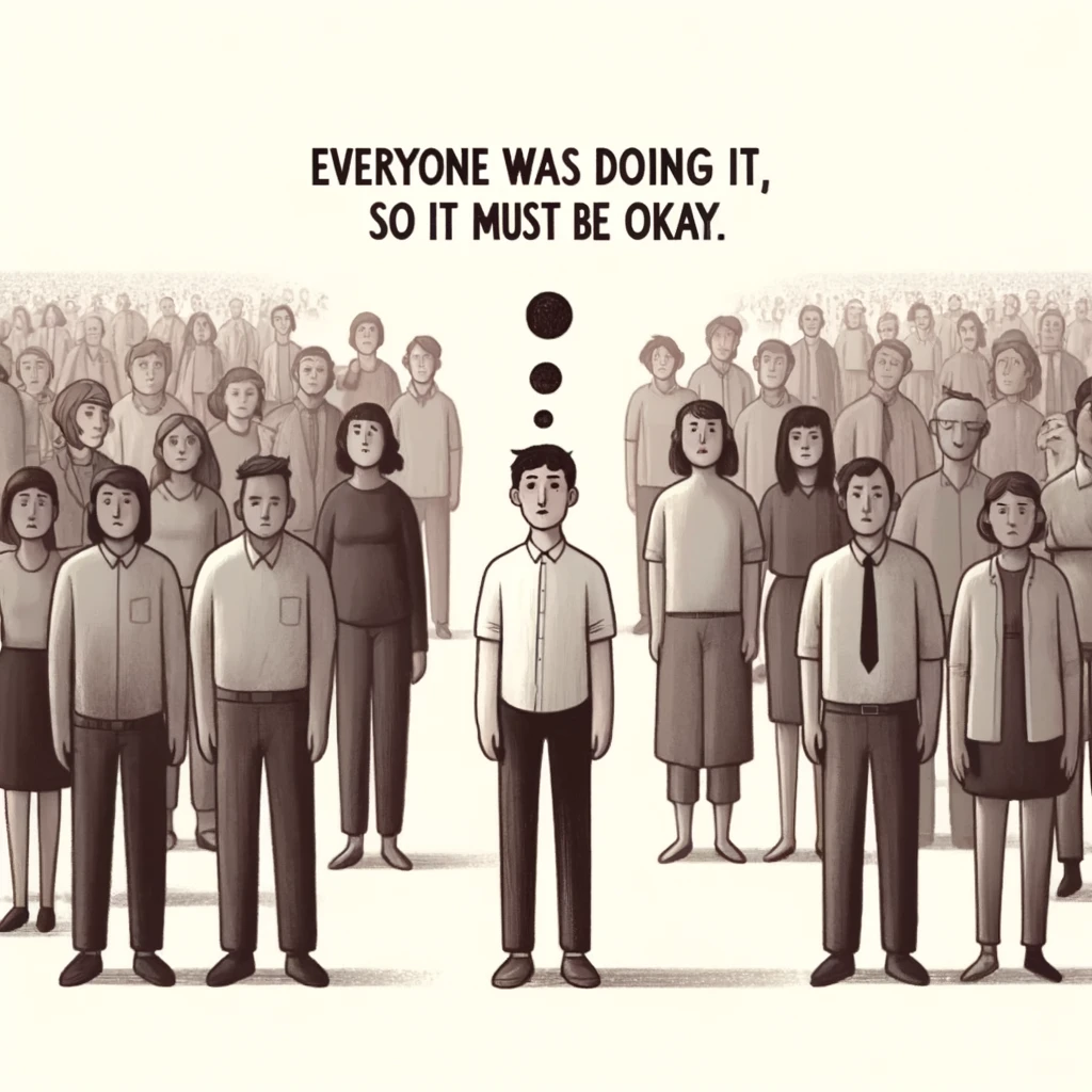 An illustration of a crowd representing the saying, "Everyone was doing it, so it must be okay."