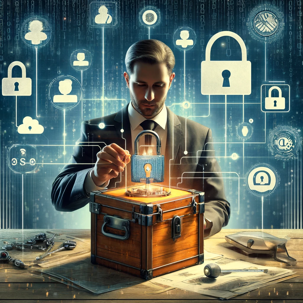 The image represents the concept of "Understanding Confidentiality in the Digital Age," illustrating how a social worker must navigate the complexities of protecting client information amidst the vast landscape of digital communication and privacy threats.