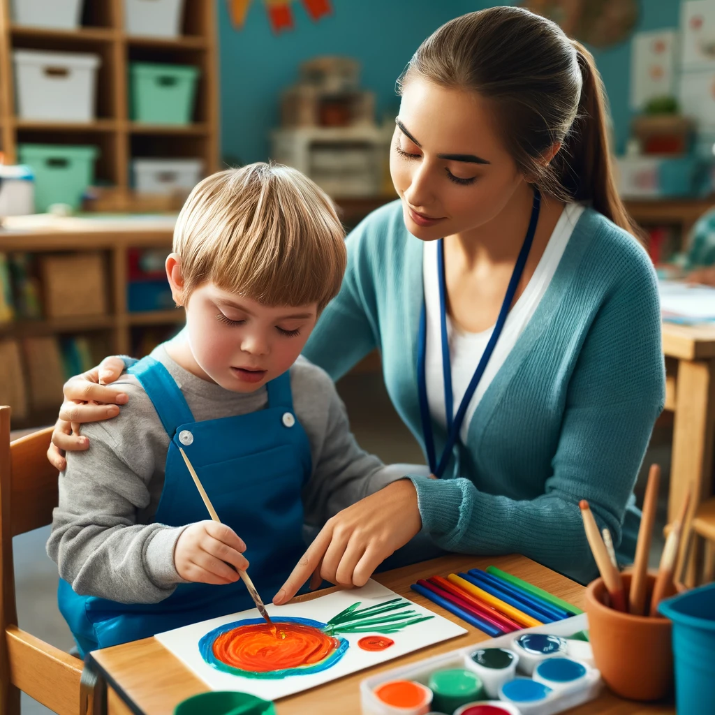 A caregiver assisting a diverse intellectually disabled child in a vibrant classroom setting, engaging in a painting activity.