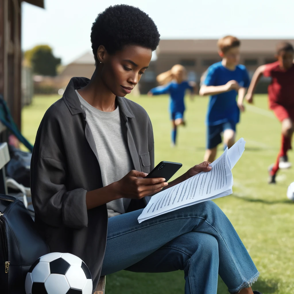 A Black social worker sitting on the sideline of her son's soccer game, using her phone to study for an exam.