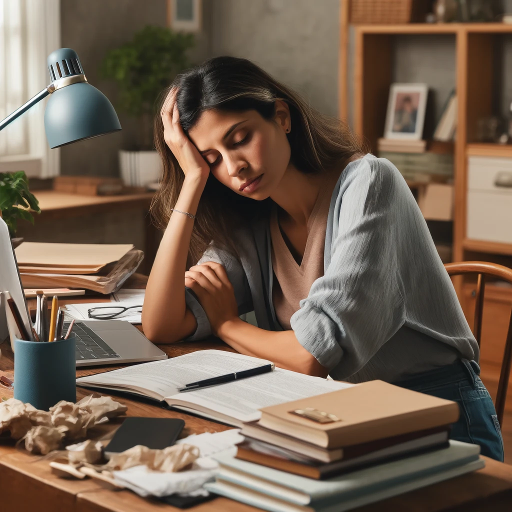 A Hispanic female social worker in her home office, showing signs of studying burnout. The setting is cozy and reflects a mix of dedication and fatigue.