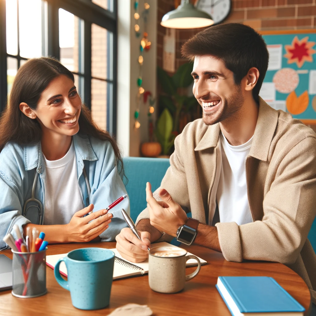 A clinical supervisor providing guidance to a supervisee in Social Work in a more informal and friendly setting. The atmosphere is relaxed and supportive, emphasizing mentorship and professional development.