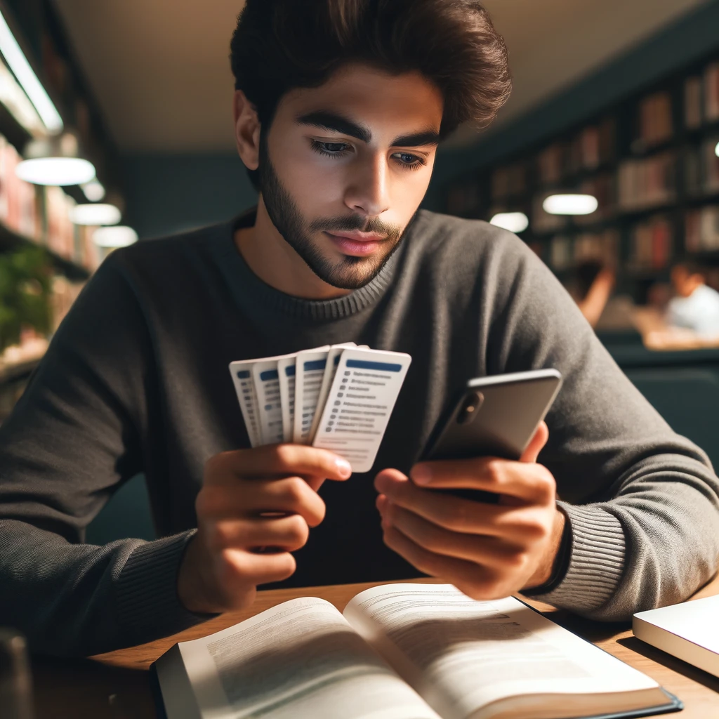 A college student interacting with digital flashcards on his smartphone, deeply focused in a library setting.