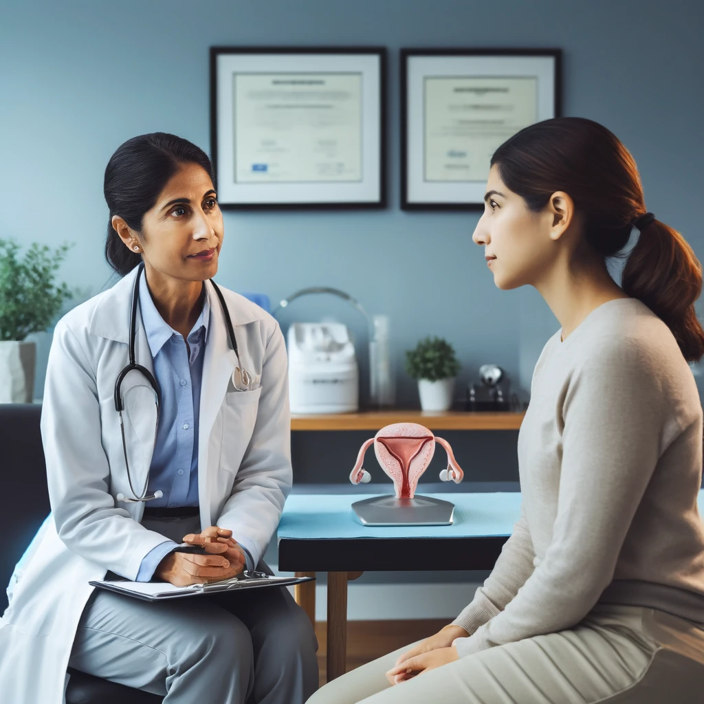A consultation scene between a pelvic floor specialist and a female patient. The setting is designed to be supportive and informative, creating an atmosphere conducive to discussing sensitive health issues.