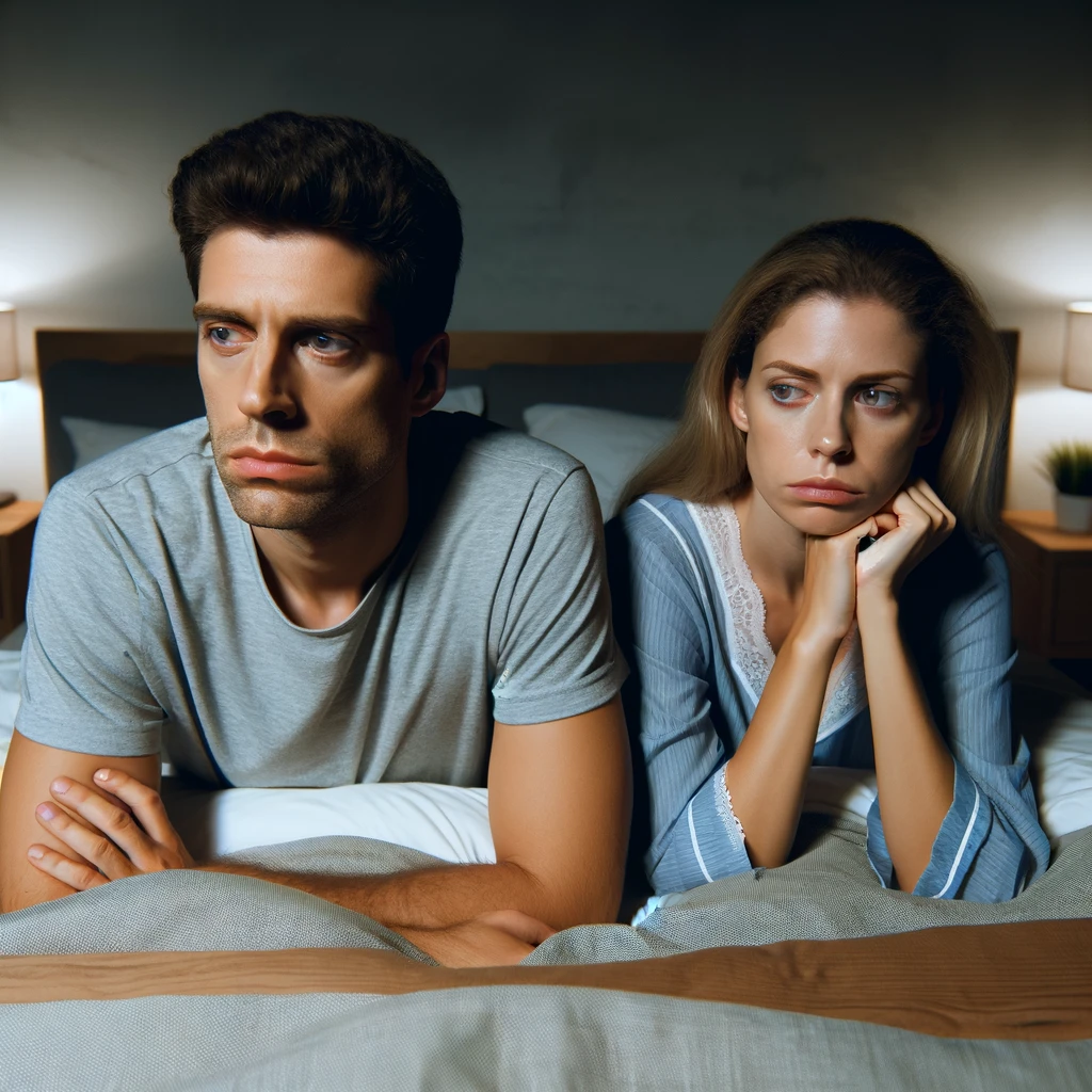 A couple in a bedroom, visually expressing disappointment while lying in bed. The setting and their expressions convey a somber mood.