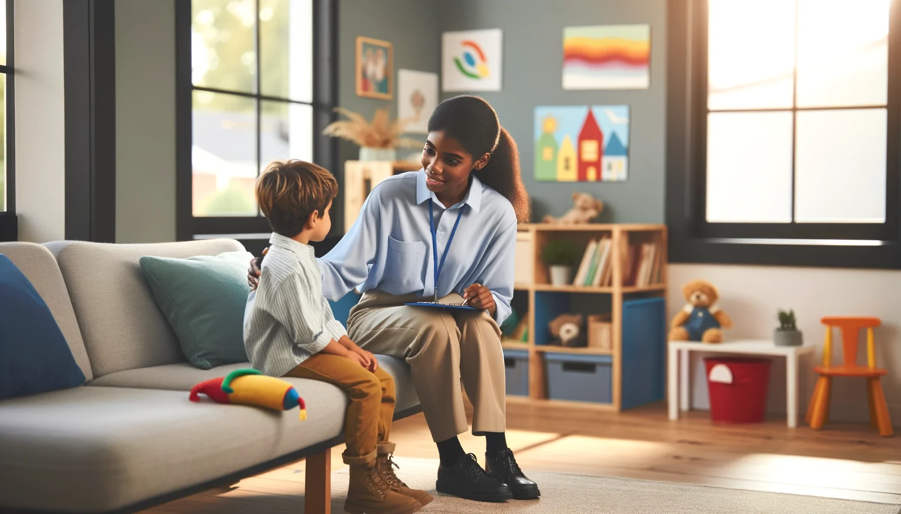 A diverse child welfare social worker interacting with a child in a bright, child-friendly office, showcasing a supportive and nurturing environment.
